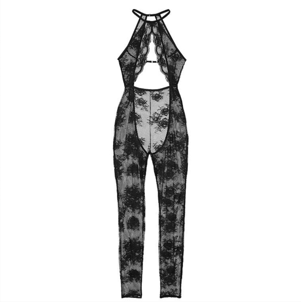 NWT VS VERY SEXY Black Fishnet Floral Crotchless Catsuit